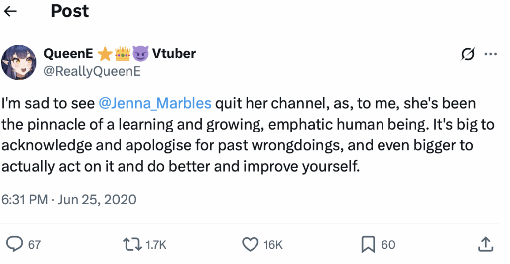 Screenshot of a tweet a fan posted about how she is sad to see Jenna go, but ultimately is glad to see she is taking initiative to better herself.
